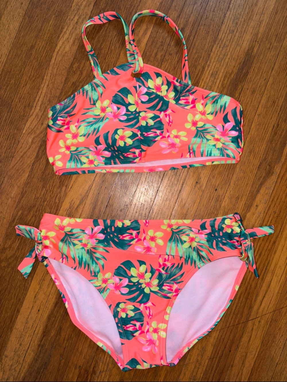 SO Coral Tropical Floral Girls' Bikini Set with Green Leaf Print